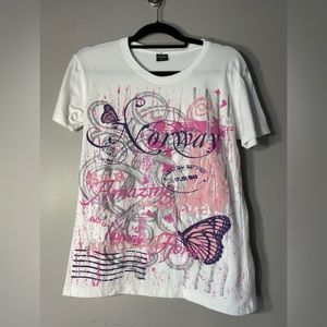 Norwegian Brand Ladies L T-shirt 
White Graphic Pink Blue Butterflies